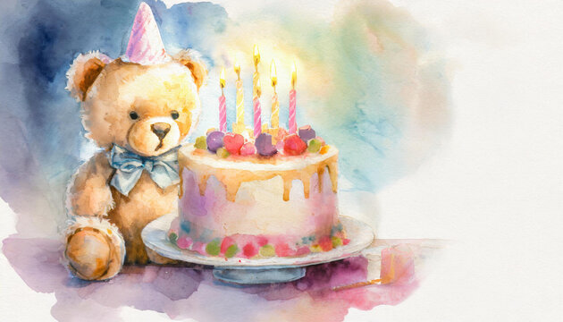 Happy birthday card with cake, candles and teddy bear illustration, copy space for celebration event