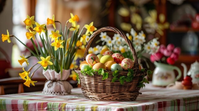 Composition with Easter eggs and flowers in the woven basket in the home. Spring holiday Easter celebration concept.