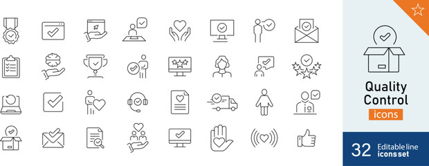 Set of 32 Quality Control web icons in line style. Inspect, manufacture, certificate, icon, inspect, quality. Vector illustration.