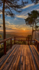 Rustic Wooden Deck Overlooking a Breathtaking Sunset View Amidst the Pines, Serene Mountain Retreat for Relaxation and Contemplation