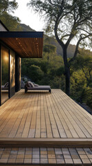 Minimalist Wooden Deck Design with Recessed Lighting, Overlooking a Tranquil Forest Landscape at Sunset, Contemporary Outdoor Relaxation Space