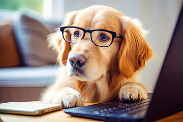 Dog Wearing Glasses Sitting in Front of Laptop