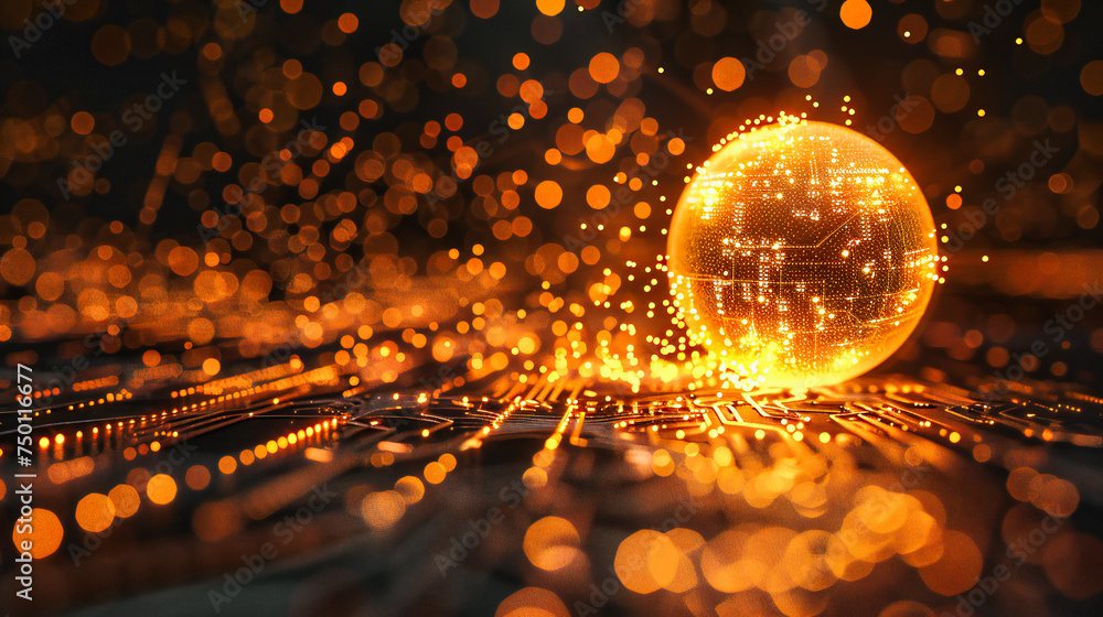 Poster golden illumination: abstract glowing background with shiny bokeh effect, symbolizing magic and fest