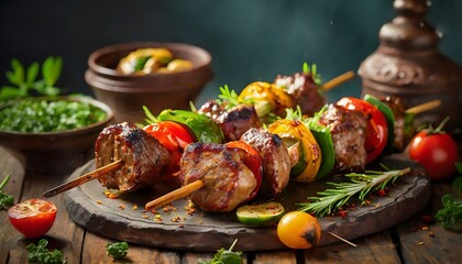 realistic grilled Lamb and Vegetable Skewers- symbolizing the depth of flavours cinematic