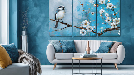 Two birds on a tree with white flowers oil painting, blue background, printable interior wall art.