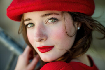 Close-up portrait of a beautiful young French woman wearing a red beret and a red dress