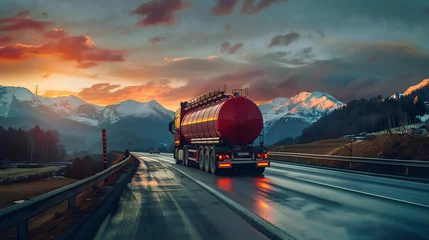 Poster Shot of a lorry transportating of oil and natural gas on sunset time. Space for text, Generative AI. © Viktoriia