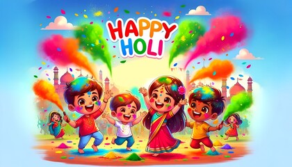Illustration for holi with a cheerful cartoon children playing with powders.