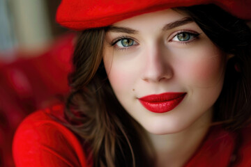 Close-up portrait of a beautiful young French woman wearing a red beret and a red dress
