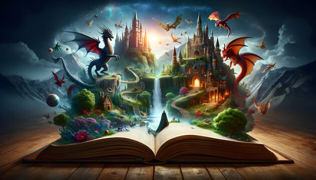 An open book with a fantasy world popping out, featuring castles, dragons, and enchanted forests. Gateway to a vibrant fantasy realm.
