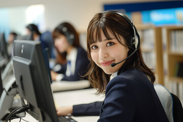 Smiling Customer Service Representative Wearing Headset in Busy Office Environment