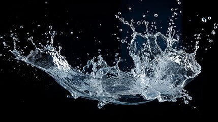 A dramatic water splash contrasts boldly against a black background.