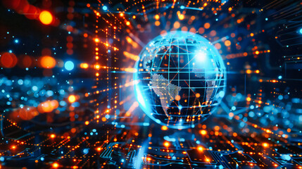 Global network and digital technology concept, connecting information across a futuristic globe, symbolizing the interconnectedness of the modern world