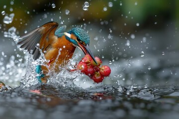 Obraz premium A striking kingfisher bird plunging into the water to catch a refreshing berry, displaying its vibrant colors and agile movements in a natural aquatic scene.