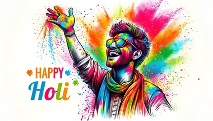 Sketchy illustration for holi with a joyful person and colorful powders.