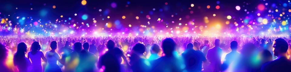 Abstract colorful colorful illustration of festive evening festivities in the city, bokeh blurred background for social media banner, website and for your design, space for text	