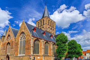 Sint-Gilliskerk St Giles’ Church Brick Gothic architecture style building in Brugge city historical centre, Bruges old town quarter district, West Flanders province, Flemish Region, Belgium