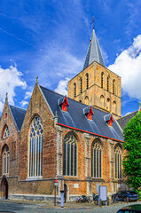 Sint-Gilliskerk St Giles’ Church Brick Gothic architecture style building in Brugge city historical centre, Bruges old town district, vertical view, West Flanders province, Flemish Region, Belgium