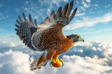 Obraz premium A majestic falcon glides effortlessly through the sky, clutching a ripe, juicy mango in its talons, symbolizing freedom and grace against the backdrop of open skies.