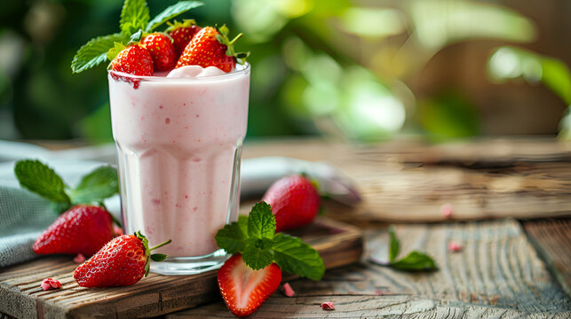 Tasty cream and strawberries in the bowl on the table. Fresh and tasty strawberries under yogurt in glass bowl,Strawberry tiramisu trifle custard dessert in a glass with fresh strawberry,
