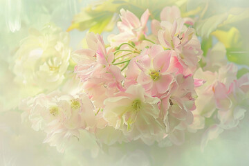 Delicate pastel flowers basking in soft sunlight, radiating serenity and beauty