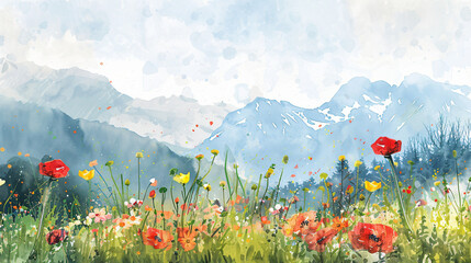 Watercolor summer landscape with wildflowers and mountains. Digital watercolor painting. 