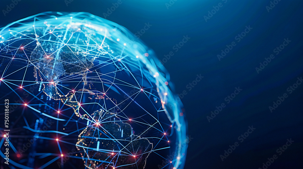 Poster global digital connectivity, networking concept with blue globe and abstract data lines, futuristic 