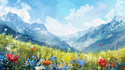 Poster Watercolor summer landscape with wildflowers and mountains. Digital watercolor painting.  © Clipart Collectors