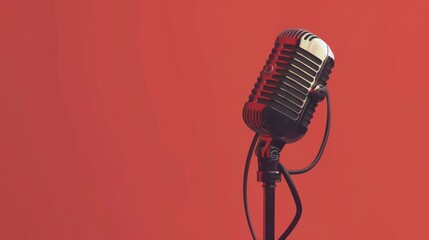 Classic silver microphone against a vibrant red backdrop, suggesting themes of performance, communication, and entertainment