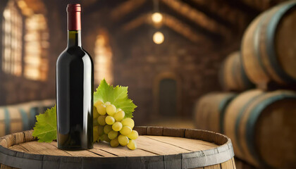 Bottle of wine on a wooden wine barrel in a cellar. Generative AI