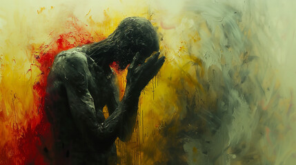 Tableau de la dépression ou de la mélancolie maladive : trouble psychiatrique représenté sous la forme d'une silhouette fondant en pleurs sur fond jaune