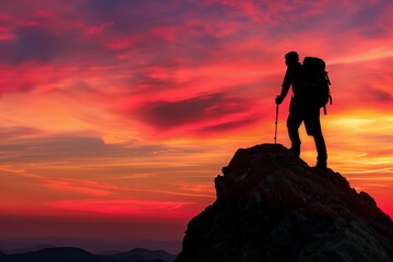 Obraz premium The mountaineer is on the summit contemplating the landscape. man standing on top of a mountain with a backpack on his back and a sunset in the background behind him, with a red sky and orange clouds