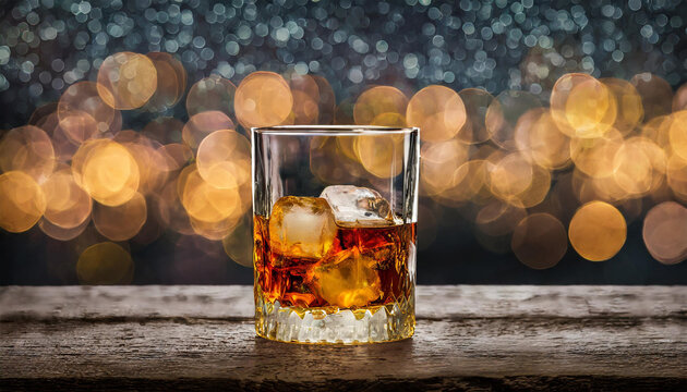 Glass of whiskey with bokeh lightning in the background. Generative AI