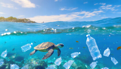 green sea turtle swimming with plastic bottles. Concept of pollution. Generative AI