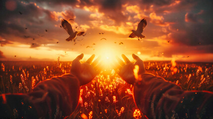 Fototapeta premium Peaceful Release, A Hand Opening to Freedom, The Essence of Hope and Faith at Sunset