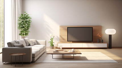 A modern living room with a grey sofa, a wall-mounted smart TV, and a voice-controlled speaker