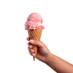 female hand holding strawberry ice cream cone on transparent or white background, png