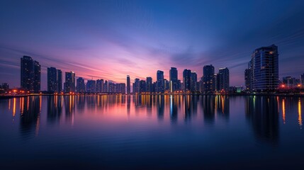 Fototapeta na wymiar An elegant evening city skyline, lights reflecting on a calm river, skyscrapers silhouetted against a twilight sky, capturing urban beauty. Resplendent.