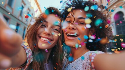 Two women standing together, using a cell phone to take a photo
