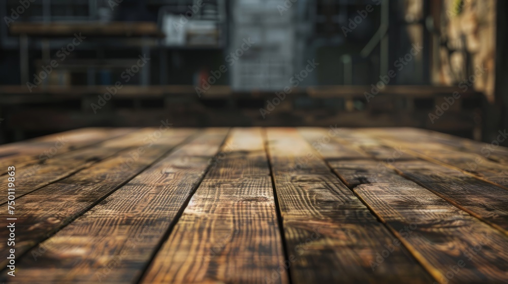 Aufkleber a wooden table top in focus with a blurred background behind it, creating a simple yet textured visu
