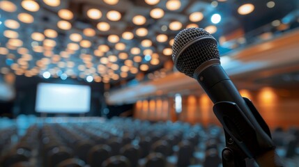 A microphone is positioned in front of a large screen, ready for a presentation or event - obrazy, fototapety, plakaty