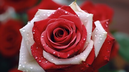 A macro close-up captures the beauty of a red and white rose.