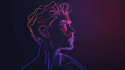 a young man, continuous line drawing, gradient color, elegant, dark background. Generative AI