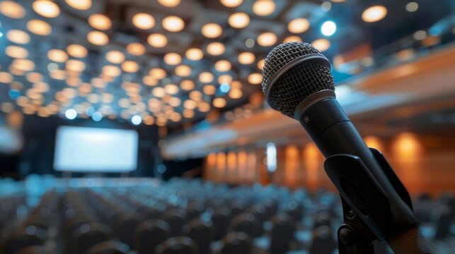 A microphone is positioned in front of a large screen, ready for a presentation or event