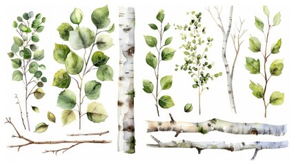 Birch Trees with Buds and Branches - Watercolor Illustrations Generative AI