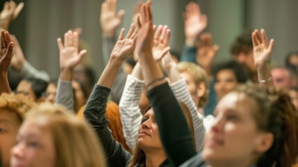 A group of diverse individuals raise their hands in the air in unison, expressing unity and solidarity