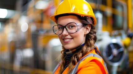 A woman wearing industrial safety gear, including a hard hat and protective glasses, on a job site