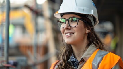 Female worker wearing protective safety glasses and a hard hat on a job site - obrazy, fototapety, plakaty