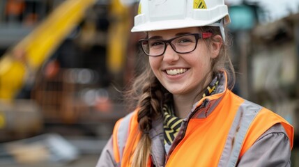 A woman is seen wearing a hard hat and safety vest at a construction site, ensuring her safety while working