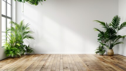 A room featuring a wooden floor with two potted plants placed on it
